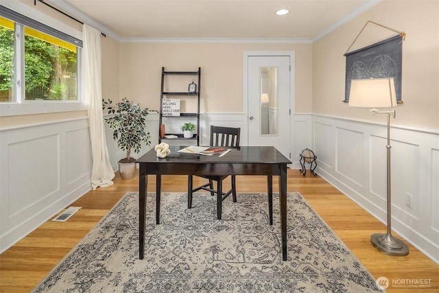108 151st Pl SE, Lynnwood, WA 98087 - home office featuring ornamental molding, a decorative wall, light wood-style flooring, a wainscoted wall, and recessed lighting