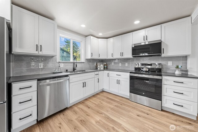 6416 S Huson St, Tacoma, WA 98409 - kitchen with appliances with stainless steel finishes, light wood-style floors, decorative backsplash, and recessed lighting