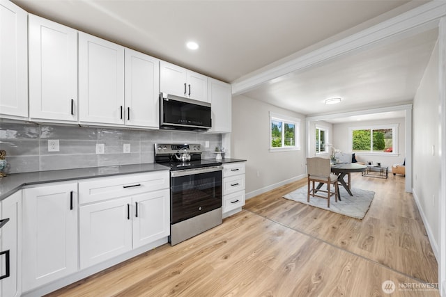 6416 S Huson St, Tacoma, WA 98409 - kitchen featuring electric stove, dark countertops, backsplash, light wood finished floors, and recessed lighting