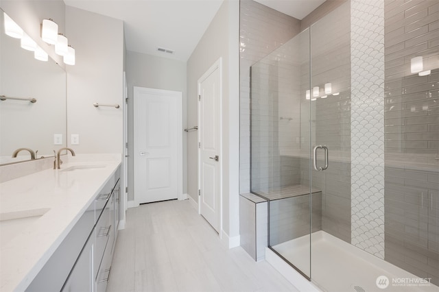 21725 SE 292 Nd Pl, Black Diamond, WA 98010 - full bathroom featuring double vanity and a stall shower