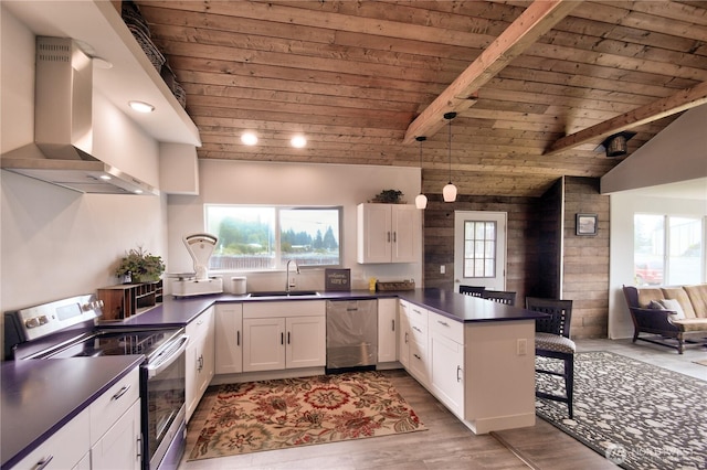 53 E Elma Mccleary Rd, Elma, WA 98514 - kitchen with appliances with stainless steel finishes, extractor fan, wood ceiling, dark countertops, and healthy amount of natural light