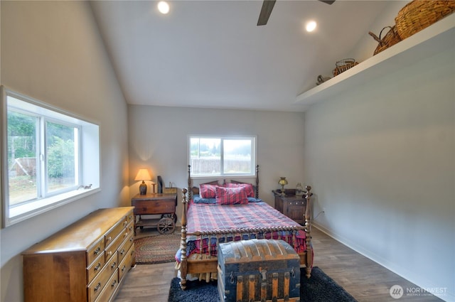 53 E Elma Mccleary Rd, Elma, WA 98514 - bedroom featuring lofted ceiling, wood finished floors, recessed lighting, and a ceiling fan