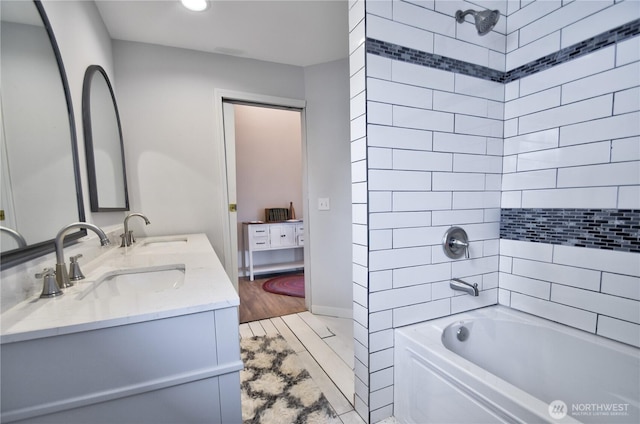 53 E Elma Mccleary Rd, Elma, WA 98514 - bathroom with double vanity, bathing tub / shower combination, and recessed lighting