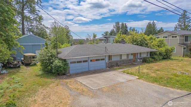 5735 NE 8th St, Renton, WA 98059 - view of front facade with an attached garage, a front lawn, driveway, and a chimney