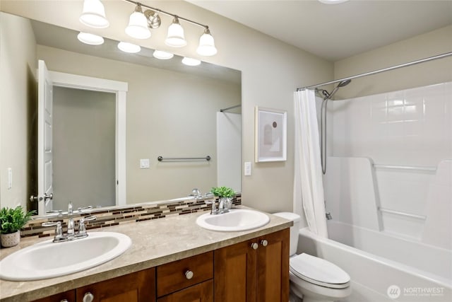 13218 106th Pl NE, Kirkland, WA 98034 - full bathroom featuring shower / tub combo with curtain, double vanity, and backsplash