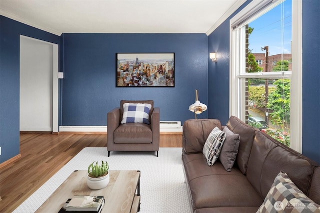404 E Harrison St Unit 301, Seattle, WA 98102 - living room featuring a baseboard heating unit, wood finished floors, and ornamental molding