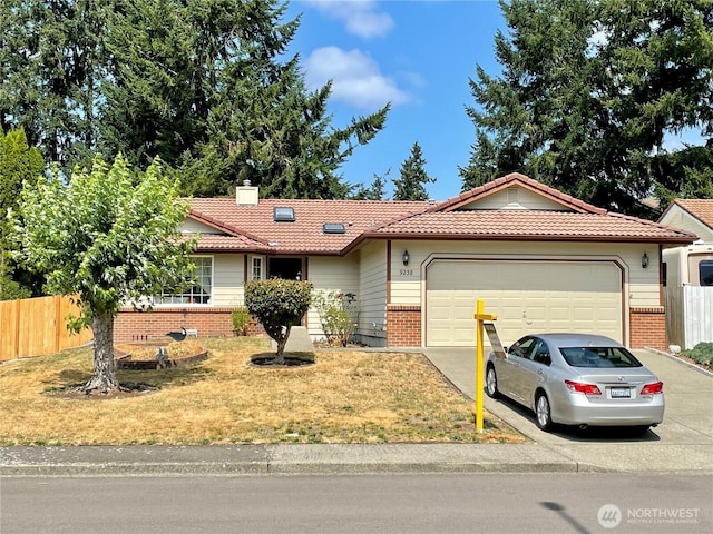 9238 Classic Dr NE, Lacey, WA 98516 - ranch-style home featuring concrete driveway, brick siding, an attached garage, a tiled roof, and a chimney