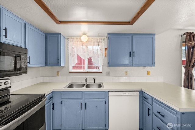 309 SW 6th St, Chehalis, WA 98532 - kitchen featuring black microwave, white dishwasher, stainless steel electric range oven, and blue cabinetry