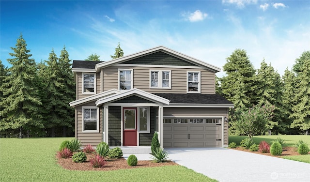 26817 NE 143rd Cir Unit 03, Duvall, WA 98019 - view of front facade featuring concrete driveway, a front yard, an attached garage, and a shingled roof