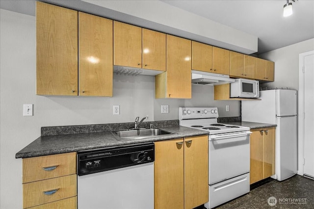 425 Vine St Unit 421, Seattle, WA 98121 - kitchen featuring white appliances, under cabinet range hood, and dark countertops