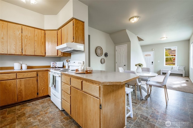 1609 Humboldt St, Bellingham, WA 98225 - kitchen with white range with electric stovetop, under cabinet range hood, dark stone finish floors, and light countertops