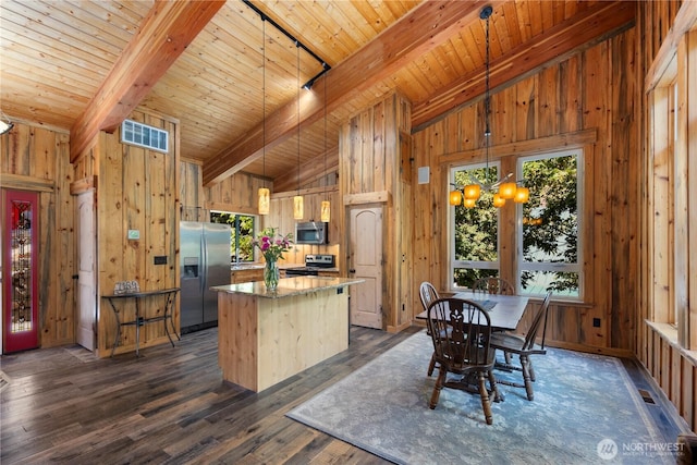 7189 Icicle Rd, Leavenworth, WA 98826 - kitchen with appliances with stainless steel finishes, wooden walls, a center island, dark wood-type flooring, and wood ceiling