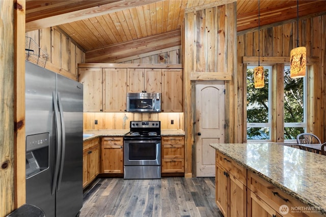 7189 Icicle Rd, Leavenworth, WA 98826 - kitchen with stainless steel appliances, wood ceiling, light stone countertops, dark wood finished floors, and decorative light fixtures