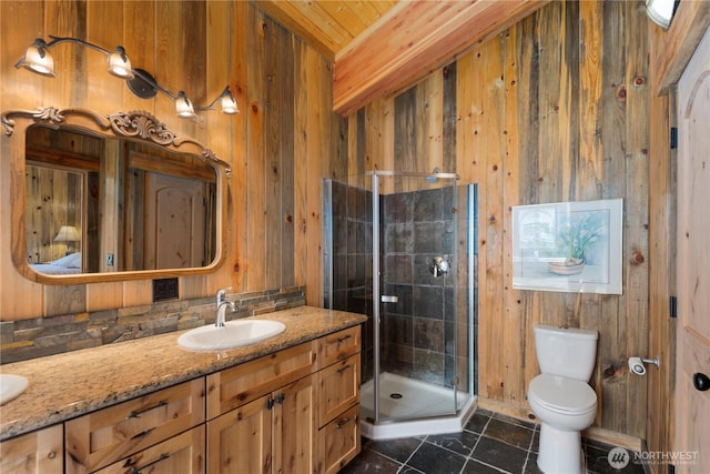 7189 Icicle Rd, Leavenworth, WA 98826 - full bath with vanity, a stall shower, wooden walls, and wooden ceiling