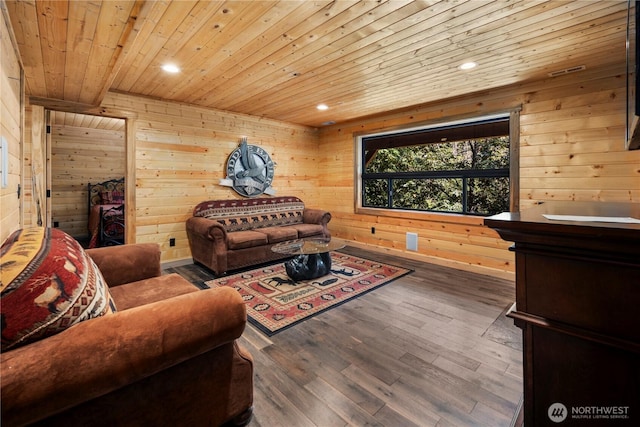 7189 Icicle Rd, Leavenworth, WA 98826 - living area featuring wood ceiling, wooden walls, recessed lighting, and wood finished floors