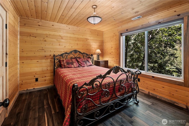 7189 Icicle Rd, Leavenworth, WA 98826 - bedroom with multiple windows, wooden walls, dark wood finished floors, and wooden ceiling