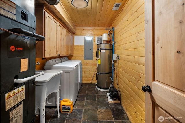 7189 Icicle Rd, Leavenworth, WA 98826 - washroom featuring washer and clothes dryer, cabinet space, wood walls, electric panel, and wooden ceiling