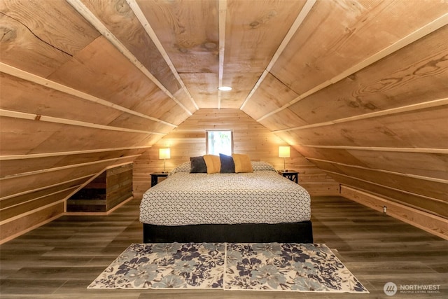 32113 Whitman Lake Dr, Graham, WA 98338 - bedroom featuring wood walls, wood ceiling, vaulted ceiling, and dark wood-style floors