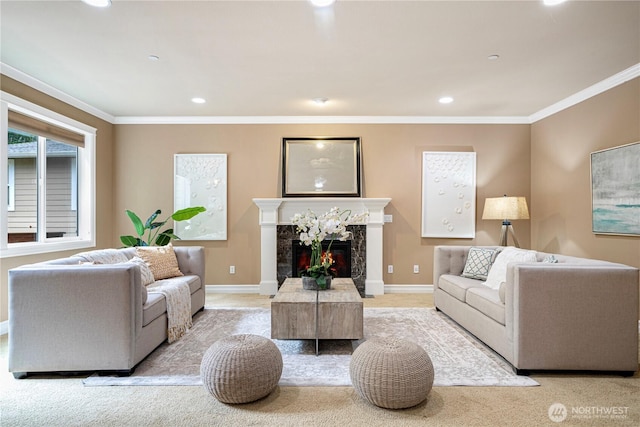 15025 SE 43rd St, Bellevue, WA 98006 - living area with light colored carpet, crown molding, a fireplace, and recessed lighting