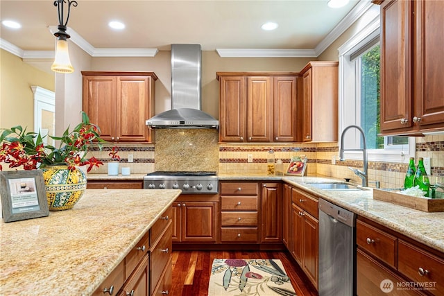 15025 SE 43rd St, Bellevue, WA 98006 - kitchen with wall chimney exhaust hood, appliances with stainless steel finishes, dark wood-style flooring, healthy amount of natural light, and crown molding