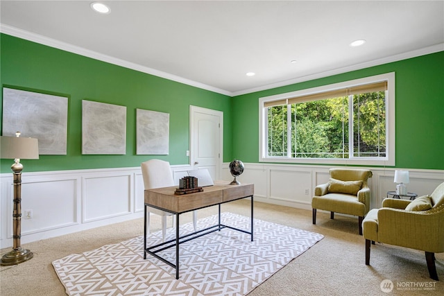 15025 SE 43rd St, Bellevue, WA 98006 - office with light carpet, crown molding, a decorative wall, and wainscoting