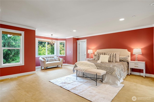 15025 SE 43rd St, Bellevue, WA 98006 - bedroom featuring light carpet, crown molding, a chandelier, and recessed lighting
