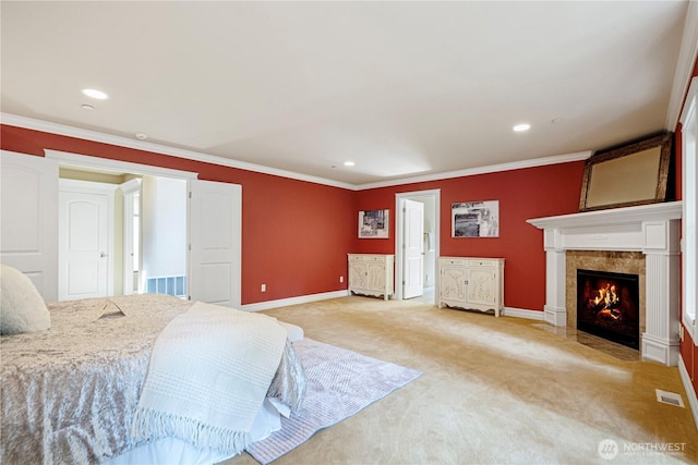 15025 SE 43rd St, Bellevue, WA 98006 - bedroom with light colored carpet, crown molding, a high end fireplace, and recessed lighting