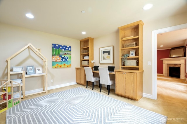 15025 SE 43rd St, Bellevue, WA 98006 - home office featuring recessed lighting, light carpet, built in study area, and a fireplace