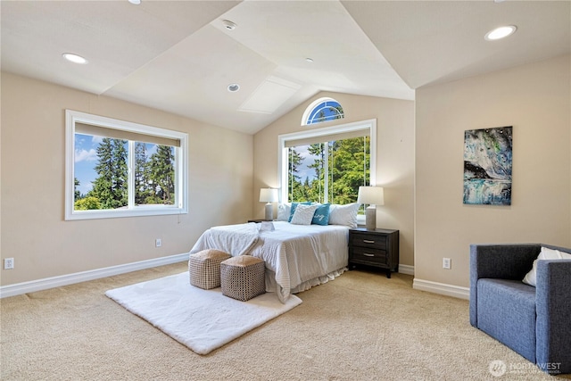 15025 SE 43rd St, Bellevue, WA 98006 - bedroom with light carpet, lofted ceiling, multiple windows, and recessed lighting