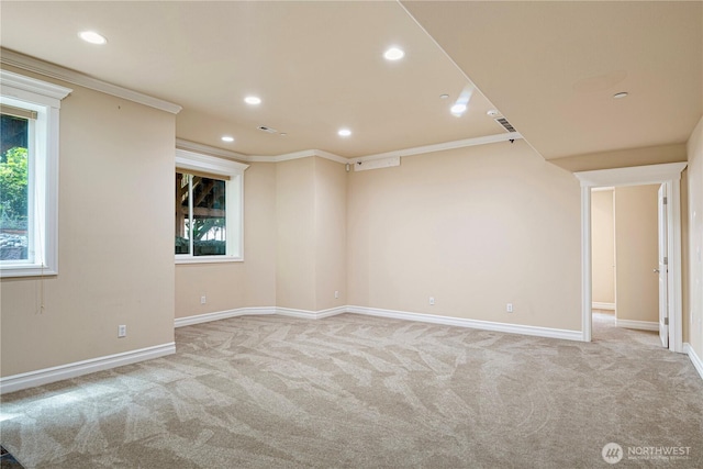 15025 SE 43rd St, Bellevue, WA 98006 - empty room with carpet flooring, recessed lighting, ornamental molding, and plenty of natural light