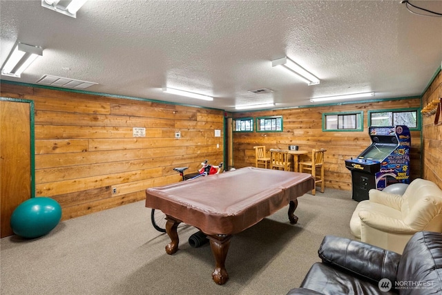 1546 Reservation Rd SE Unit 62, Olympia, WA 98513 - game room with wooden walls, carpet flooring, a textured ceiling, billiards table, and a dry bar