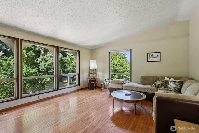 17837 Ashworth Ave N, Shoreline, WA 98133 - living area with a textured ceiling, lofted ceiling, and hardwood / wood-style flooring