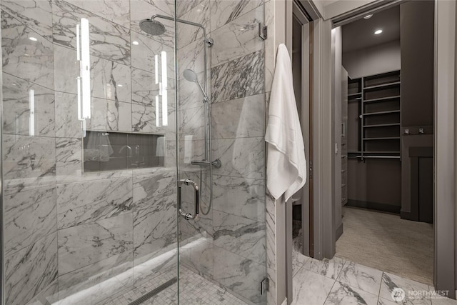 9424 Turnstone Ln Unit 29, Blaine, WA 98230 - bathroom with a marble finish shower, a walk in closet, and marble finish floors