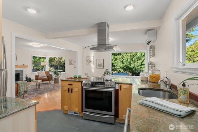 8051 30th Ave NW, Seattle, WA 98117 - kitchen with appliances with stainless steel finishes, island exhaust hood, an AC wall unit, open floor plan, and plenty of natural light