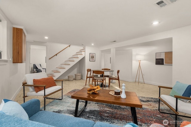 8051 30th Ave NW, Seattle, WA 98117 - living room featuring stairway, recessed lighting, and light tile patterned flooring