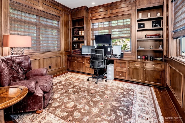 8066 Avalon Pl, Mercer Island, WA 98040 - office with built in shelves, wood walls, wood finished floors, and built in desk