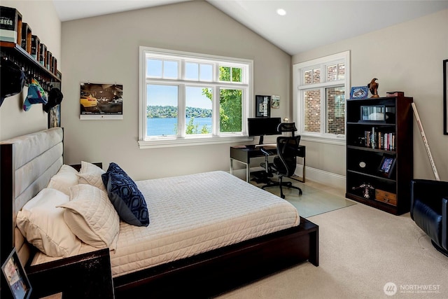 8066 Avalon Pl, Mercer Island, WA 98040 - carpeted bedroom with lofted ceiling, an office area, and recessed lighting