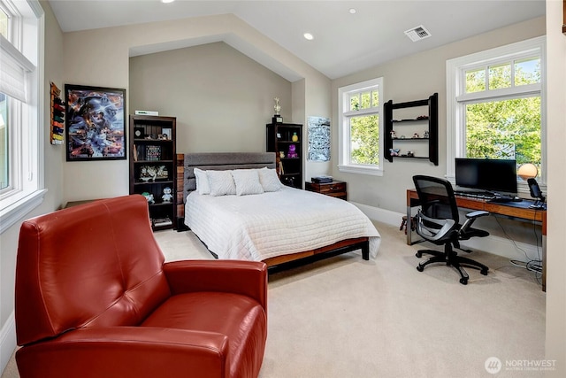 8066 Avalon Pl, Mercer Island, WA 98040 - carpeted bedroom featuring an office area, lofted ceiling, and recessed lighting