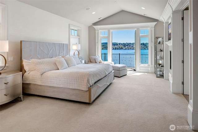 8066 Avalon Pl, Mercer Island, WA 98040 - bedroom featuring access to exterior, vaulted ceiling, carpet floors, and a water view