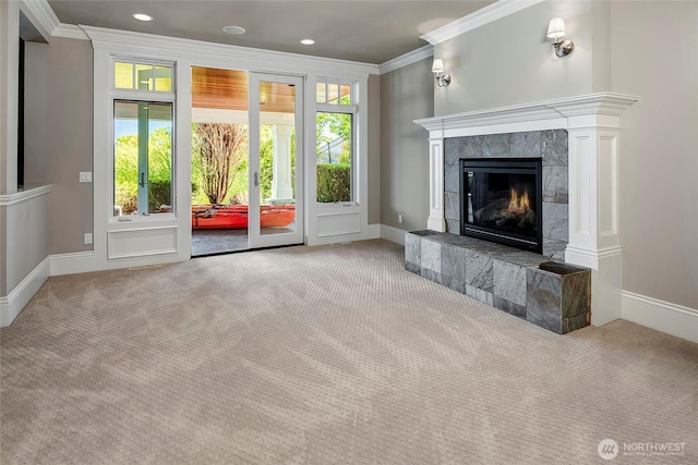 8066 Avalon Pl, Mercer Island, WA 98040 - living area with crown molding, carpet, a high end fireplace, and recessed lighting