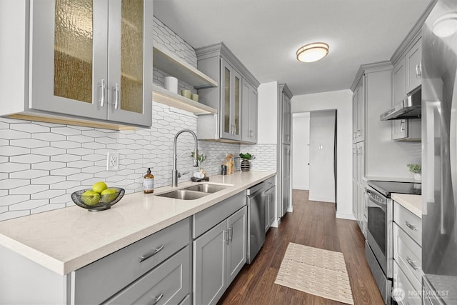 4545 Sand Point Way NE Unit 806, Seattle, WA 98105 - kitchen featuring gray cabinets, appliances with stainless steel finishes, under cabinet range hood, dark wood finished floors, and decorative backsplash