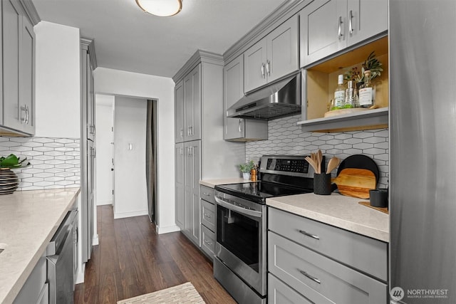 4545 Sand Point Way NE Unit 806, Seattle, WA 98105 - kitchen with stainless steel appliances, gray cabinets, under cabinet range hood, dark wood-style floors, and light countertops