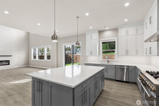 14449 133rd Pl NE, Woodinville, WA 98072 - kitchen featuring appliances with stainless steel finishes, gray cabinets, light wood-style flooring, and recessed lighting