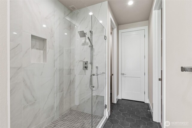 14449 133rd Pl NE, Woodinville, WA 98072 - full bath featuring a marble finish shower, tile patterned flooring, and recessed lighting