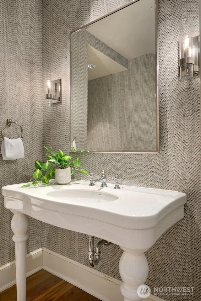 2665 Evergreen Point Rd NE, Medina, WA 98039 - bathroom featuring wallpapered walls and wood finished floors