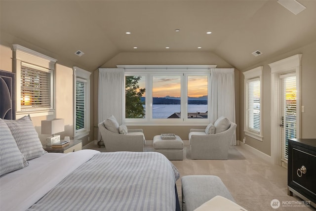 2665 Evergreen Point Rd NE, Medina, WA 98039 - bedroom with vaulted ceiling, light carpet, and recessed lighting