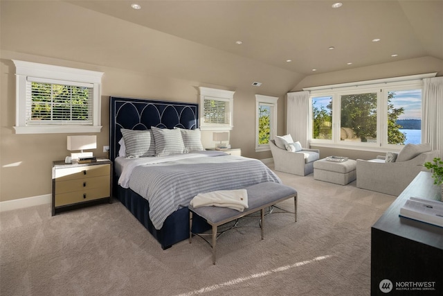 2665 Evergreen Point Rd NE, Medina, WA 98039 - carpeted bedroom featuring lofted ceiling and recessed lighting