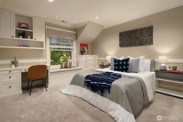 2665 Evergreen Point Rd NE, Medina, WA 98039 - bedroom featuring light carpet, crown molding, an office area, and recessed lighting