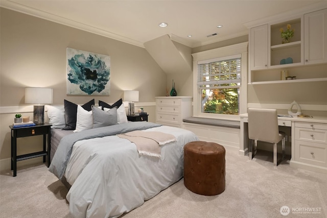 2665 Evergreen Point Rd NE, Medina, WA 98039 - bedroom with crown molding, light carpet, built in desk, and recessed lighting