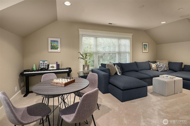 2665 Evergreen Point Rd NE, Medina, WA 98039 - carpeted living area featuring lofted ceiling and recessed lighting